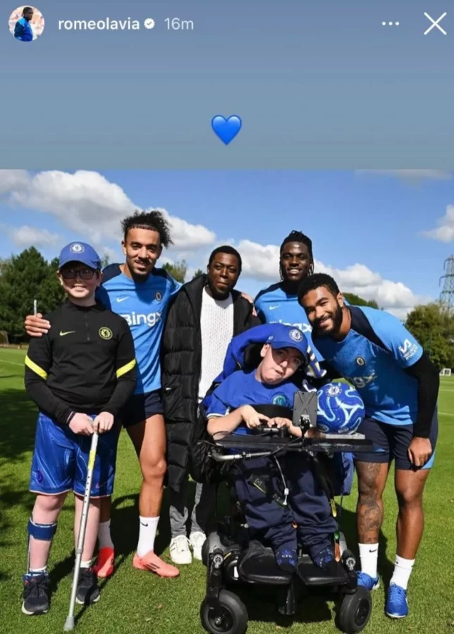 Reece James in full training gear featuring in a photo posted by Roméo Lavia